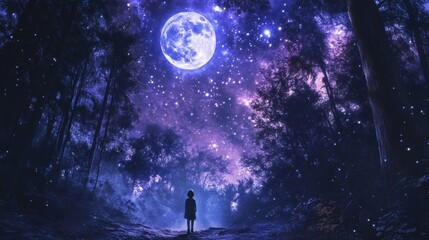 Fototapeta premium Enchanting night under full moon in mystical forest scene