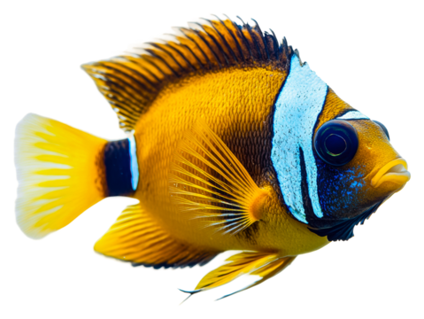 Vibrant tropical fish swimming in coral reef underwater scene cut out