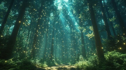 Obraz premium Enchanting forest path, glowing fireflies illuminating the way