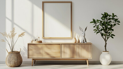 Scandinavian style sideboard setup with blank frame, decorative items, and minimalist decor against a white wall. Natural wood furniture and sunlight create a peaceful, modern aesthetic ideal for home