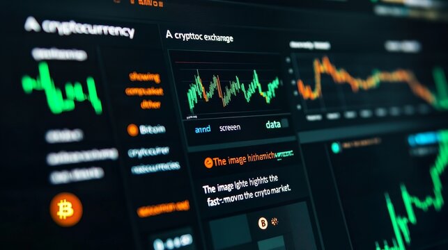 "A cryptocurrency exchange platform on a computer screen, showing live market data and fluctuating prices for Bitcoin and other cryptocurrencies.