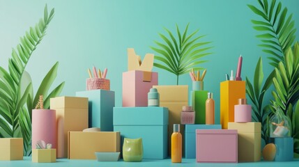 e-commerce growth sales trends. Pastel Boxes, Tropical Plants, Beauty Products Still Life.