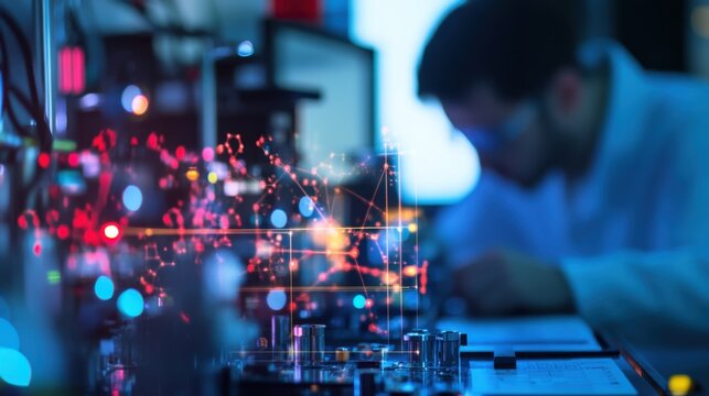 A quantum computing researcher developing algorithms for simulating quantum physics, research lab with quantum processors, simulation software