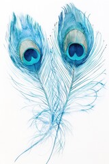 Obraz premium Two beautiful peacock feathers painted with watercolor on a white background