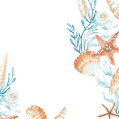 Seashells and seaweeds watercolor frame in orange, blue and red colors. Hand drawn template isolated on white background. Design elements for labels, cards