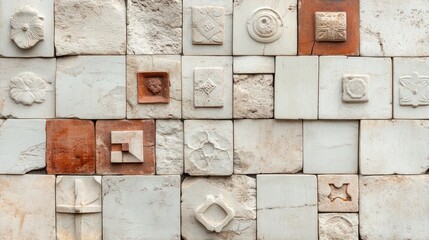 Intricate mosaic of varied textured, square tiles.  Earthy tones, sculpted details