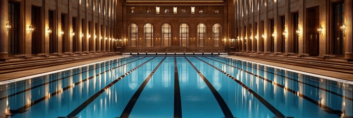 Obraz premium Indoor lap pool in grand hall, lit by warm lights, reflecting in still water