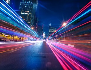 Fototapeta premium blurring city street long exposure predominant colors are neon pinks blues and yellows from the city lights