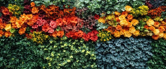 Vibrant floral wall; rainbow of colors in blooms