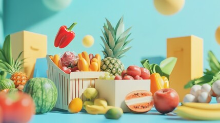 e-commerce growth sales trends. Vibrant Fruit Vegetable Crate Summer Still Life.