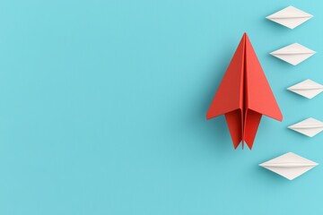Leading Red Paper Plane Flies Ahead of White Planes Against Light Blue Background Demonstrating Leadership and Uniqueness