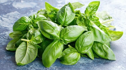 Fototapeta premium Fresh Green Basil Leaves on a Textured Blue Surface