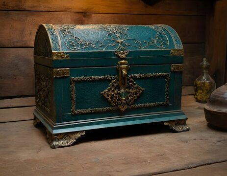 A mysterious treasure chest rests in a dusty, cluttered storage room. Its surface, adorned with ornate carvings, is aged but still shines with rich gold, emerald, and blue. Cobwebs hang from the ceili