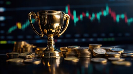 Gold trophy on coins, market graph background, achievement, success