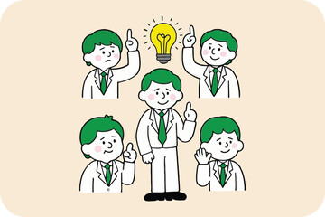 Team Brainstorming with Bright Idea Bulb, Group Collaboration and Innovation on Soft Beige Background