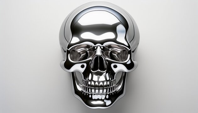 chrome 3d reflective skull on a transparent white background