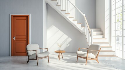 Modern hall with white stairs and orange door