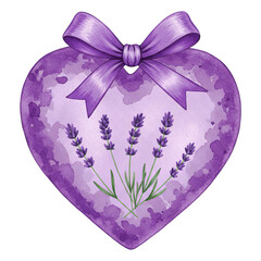 Watercolor Illustration of a Purple Heart with Ribbon Bow and Lavender Sprigs