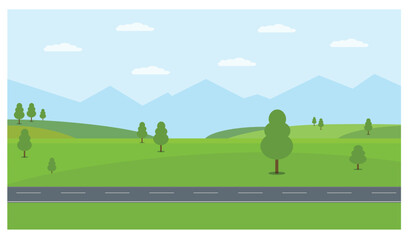 Customizable Landscape Vector – Road, Green Field & Mountains for Travel Blogs, Game Design & Clip Art – Editable AI, PNG