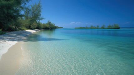 Fototapeta premium Serene beach scene; clear, turquoise water laps a white sand shore fringed by lush greenery under a vibrant blue sky