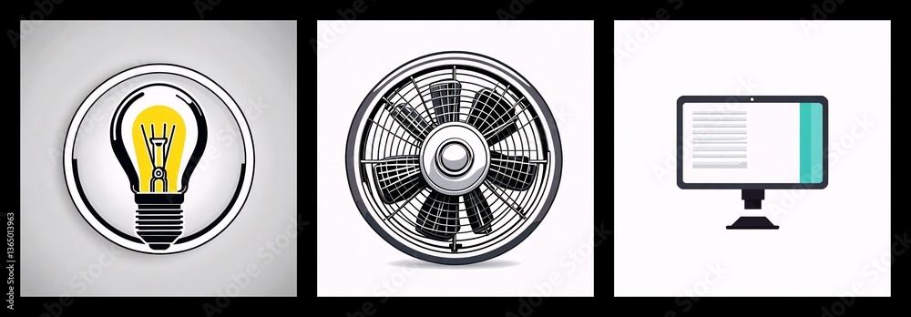 Aufkleber three square icons: a glowing lightbulb symbolizing ideas, a fan representing cooling or technology,