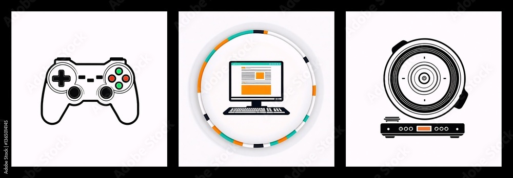 Poster Three panels show a game controller, a computer display with a circular frame, and a sound speaker, representing entertainment and technology.