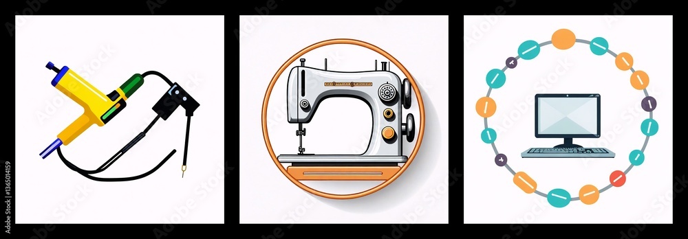 Poster three panels showcase a yellow electric tool, a sewing machine in a circle, and a computer monitor s