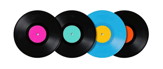 A vibrant collection of retro vinyl records showcasing bold, bright label colors against classic black, evoking a feeling of nostalgic joy and playful energy.