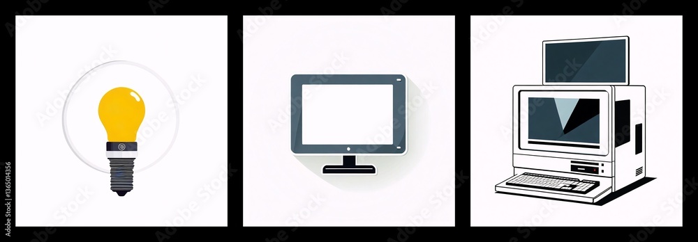 Leinwandbilder Three squares depict a light bulb, a modern screen, and an old computer, showcasing technological evolution and progress in devices.