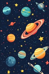 Colorful planets and stars are scattered across a dark space background