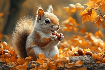 Obraz premium Playful Squirrel Gathers Acorns Under Colorful Autumn Leaves in a Tranquil Forest Setting While Preparing for Winter
