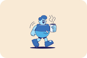Retro Cartoon Character Walking with Coffee: Vector Illustration of Vintage Style Mascot Enjoying a Hot Beverage