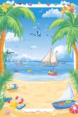 Obraz premium A beautiful cartoon beach scene with palm trees and ocean vessels