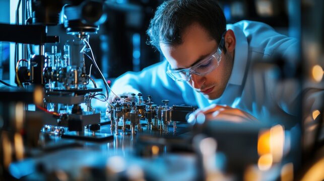 A quantum physicist researching quantum entanglement for secure communication systems, research lab with quantum computers, entanglement models