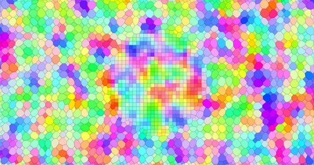 A vibrant mosaic wall with polygonal elements surrounded by a frame of small squares. The stained glass style with rich colors creates a dynamic pattern with an abstract art effect.