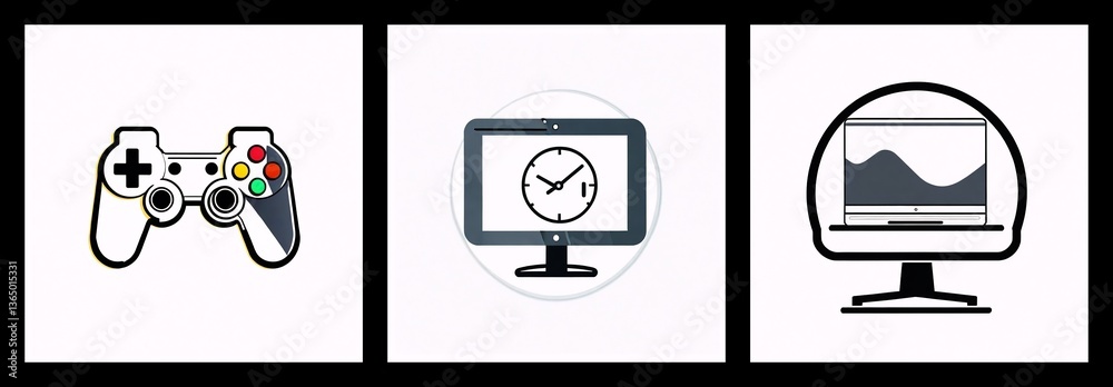Leinwandbilder three square icons on white background depict a game controller, a monitor with a clock, and a monit