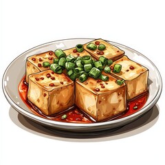 Chinese stinky tofu national cuisine dish isolated on white background, colorful cartoon illustration