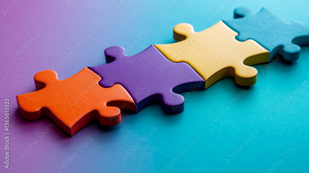 Poster close-up of four colorful puzzle pieces connected, showcasing teamwork and collaboration concepts. o