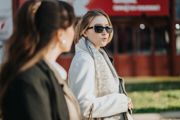 Obraz premium Two casually dressed women engage in a conversation outdoors under sunny weather conditions. They wear stylish clothing and appear to enjoy a pleasant moment in an urban environment.
