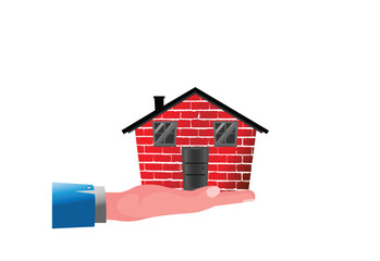 Real Estate Concept – Hand Holding Brick House Vector for Property Insurance and Home Protection