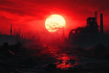 Dramatic Sunset Over a Post-Apocalyptic Wasteland With Abandoned Buildings and Twisted Metal Structures Under a Red Sky