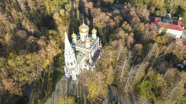 Aerial view of Shipka Monastery Holy Nativity, known as Russian church in town of Shipka, Stara Zagora Region, Bulgaria