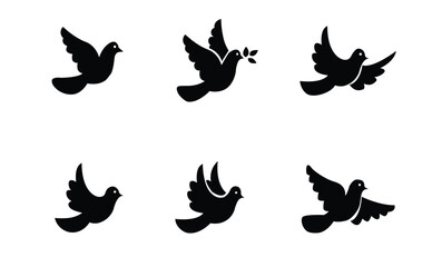 Fototapeta premium Flying Pigeon Silhouettes Vector – Flock of Six Birds for Logos, Wall Art & Nature-Themed Designs – Black & White Clipart – Editable AI