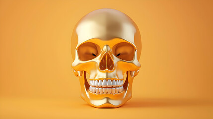 Golden Human Skull on Orange Background