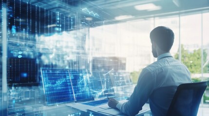 Fototapeta premium A renewable energy engineer designing energy storage systems, modern office with battery systems and solar panel data visible, High-tech style