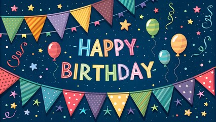 Happy Birthday Banner with Colorful Flags & Confetti, Celebration Background