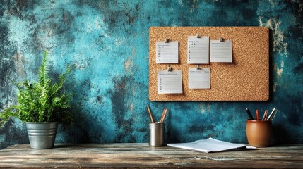 Rustic workspace with corkboard, notes, pencils, plant, and notebook