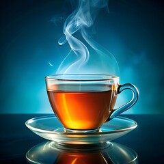 A cup of tea on a dark background with a transparent glass mug