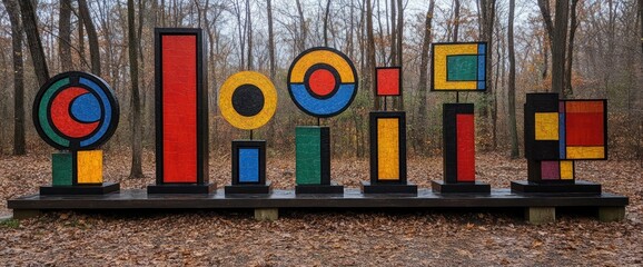 Colorful abstract sculptures arranged on a platform in a wooded setting. Geometric shapes dominate the composition