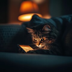 Cat Engaged with Smartphone in Cozy Living Room at Night